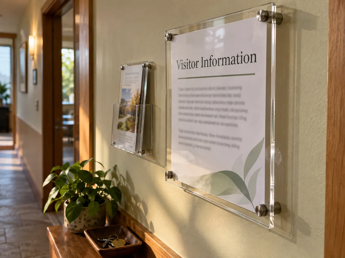 Clear acrylic wall-mounted sign holder on steel standoffs with a visitor information notice