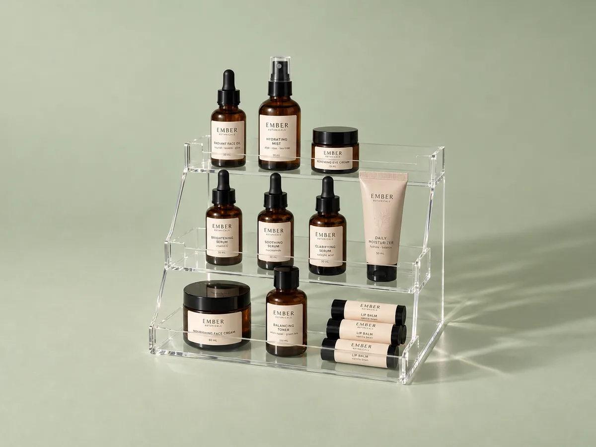 Clear 3-tier acrylic countertop stand with skincare bottles