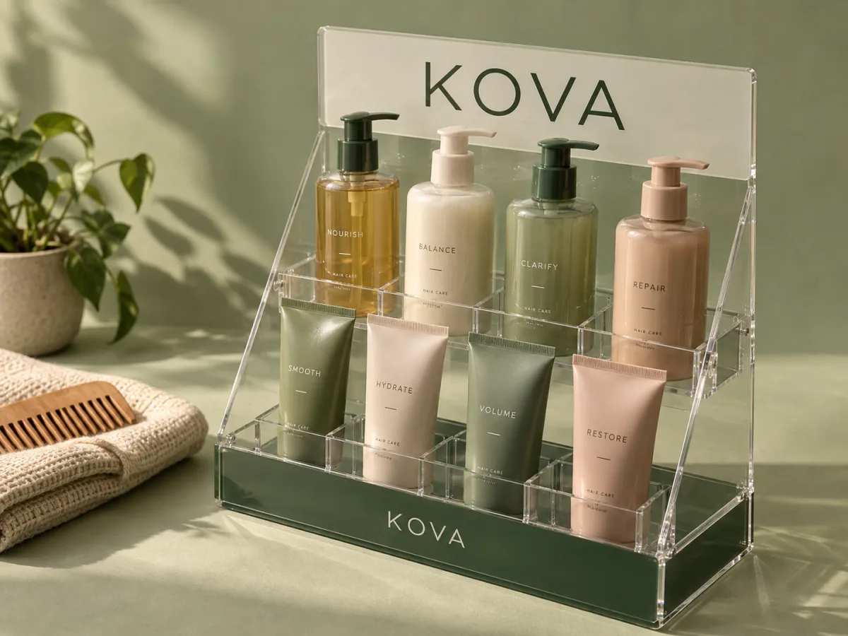 Branded clear acrylic countertop POP display with printed header and haircare bottles