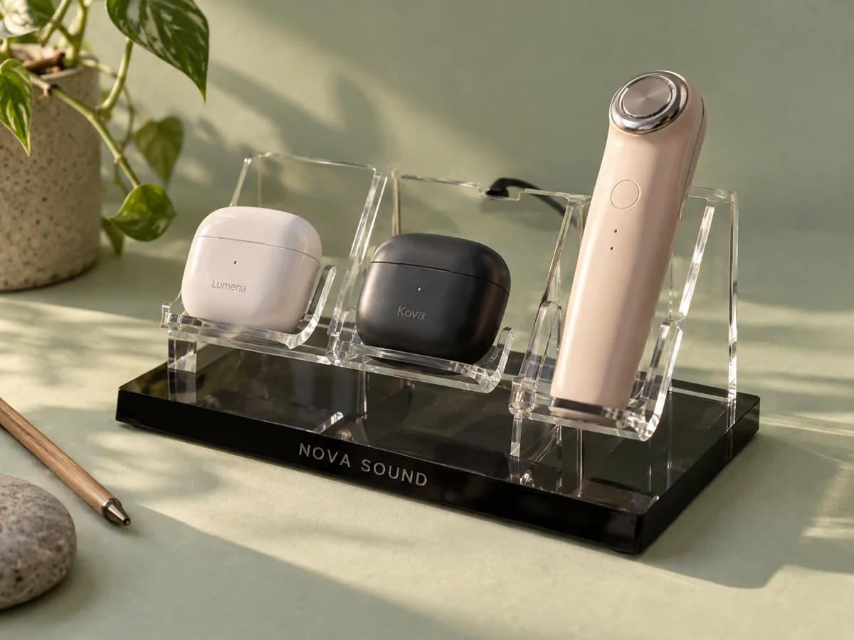 Acrylic countertop stand with angled cradles holding earbuds cases and a handheld device