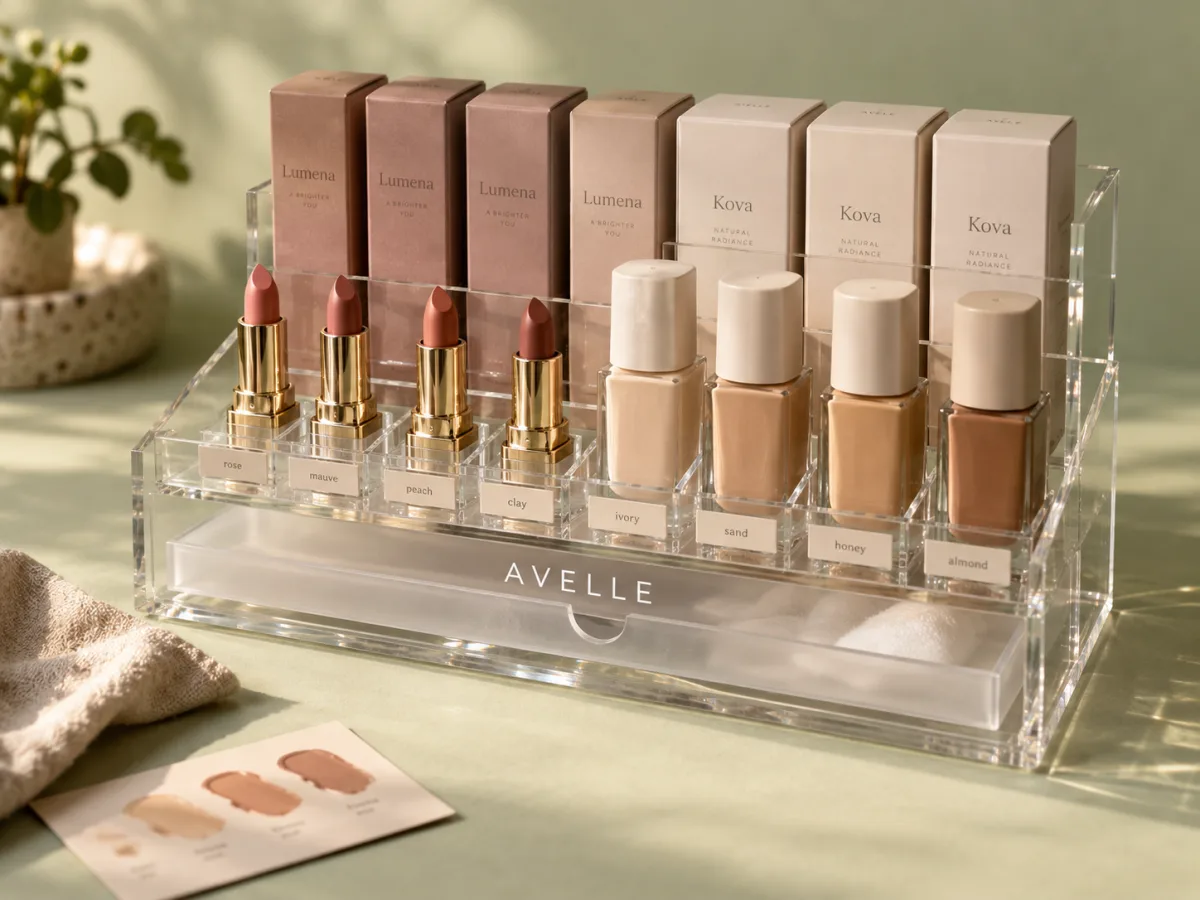 Acrylic cosmetic tester display stand with lift-out frosted tray and lipstick testers