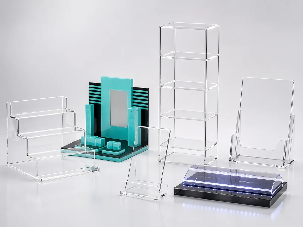 Collection of custom acrylic display stands — countertop, floor-standing, and LED-lit designs