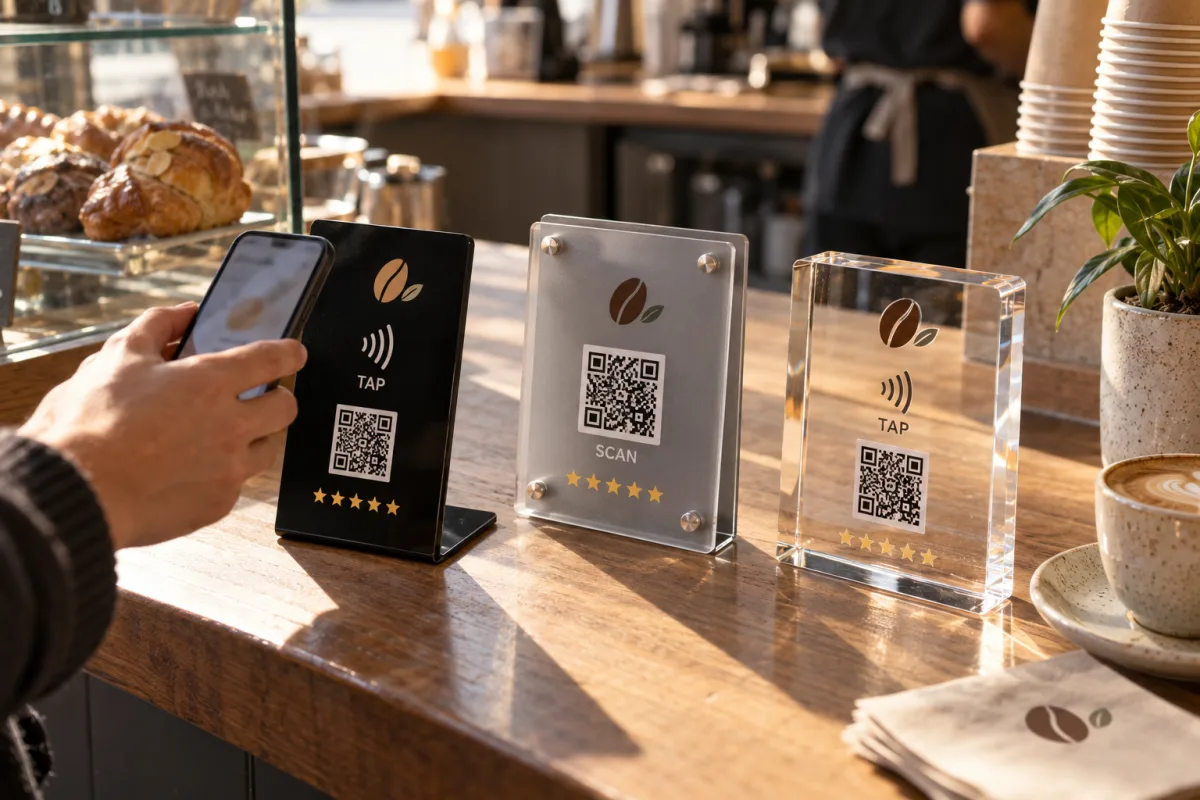 Three branded acrylic NFC and QR review stands on a café counter with a customer tapping a phone on one