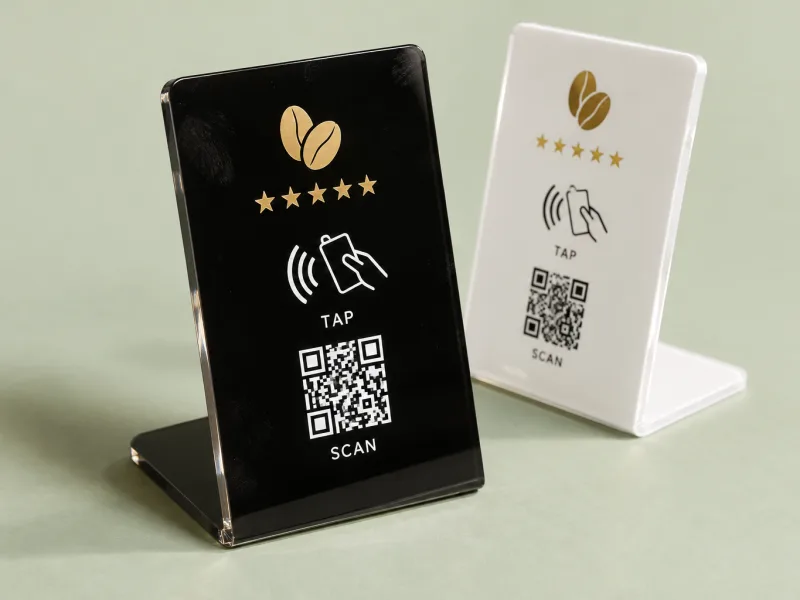 Matte black and white acrylic L-shaped review stands printed with a QR code, tap icon and five stars