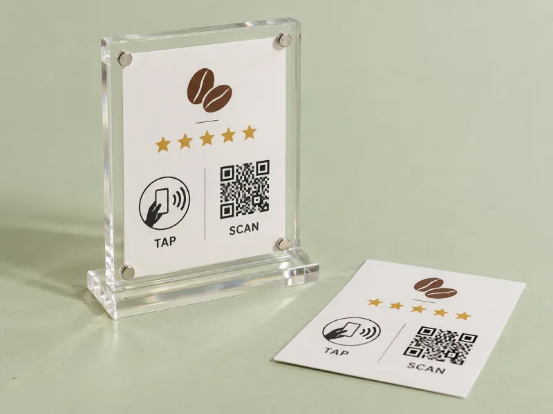 Clear acrylic magnetic sign frame holding a review card with QR code and tap icon, with a spare card