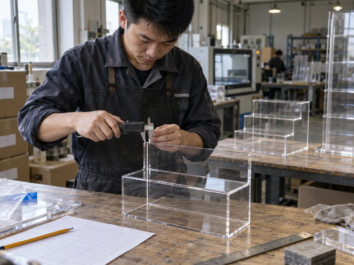 Technician measuring a clear acrylic two-tier countertop display stand with a caliper, with a riser and floor stand behind
