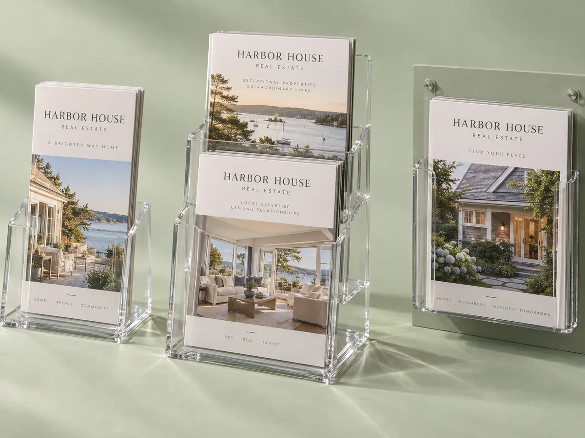 Acrylic brochure holders: single-pocket and two-tier countertop holders and a wall-mount pocket holding real estate brochures