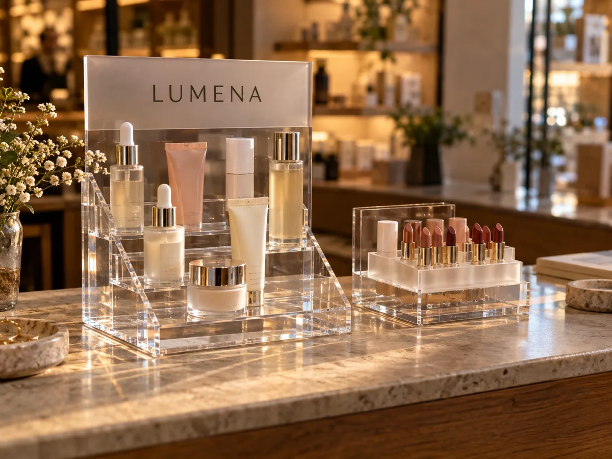 Custom acrylic countertop display stands on a beauty counter: a branded POP unit with skincare products and a tester stand