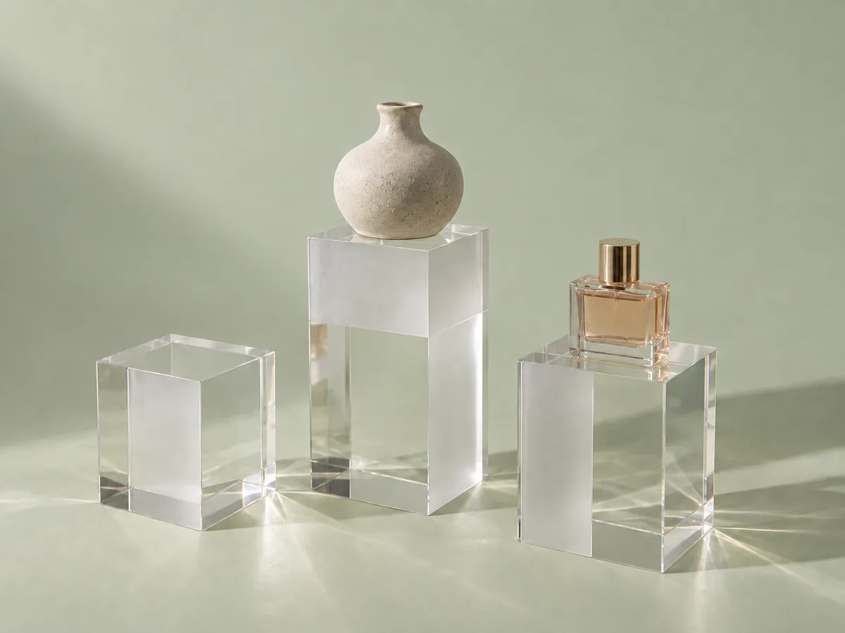 Acrylic display pedestals: three clear plinths of different heights, one holding a ceramic vase and one a perfume bottle