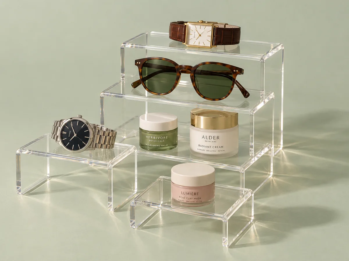 Acrylic display risers: stepped clear risers holding watches, sunglasses and skincare jars
