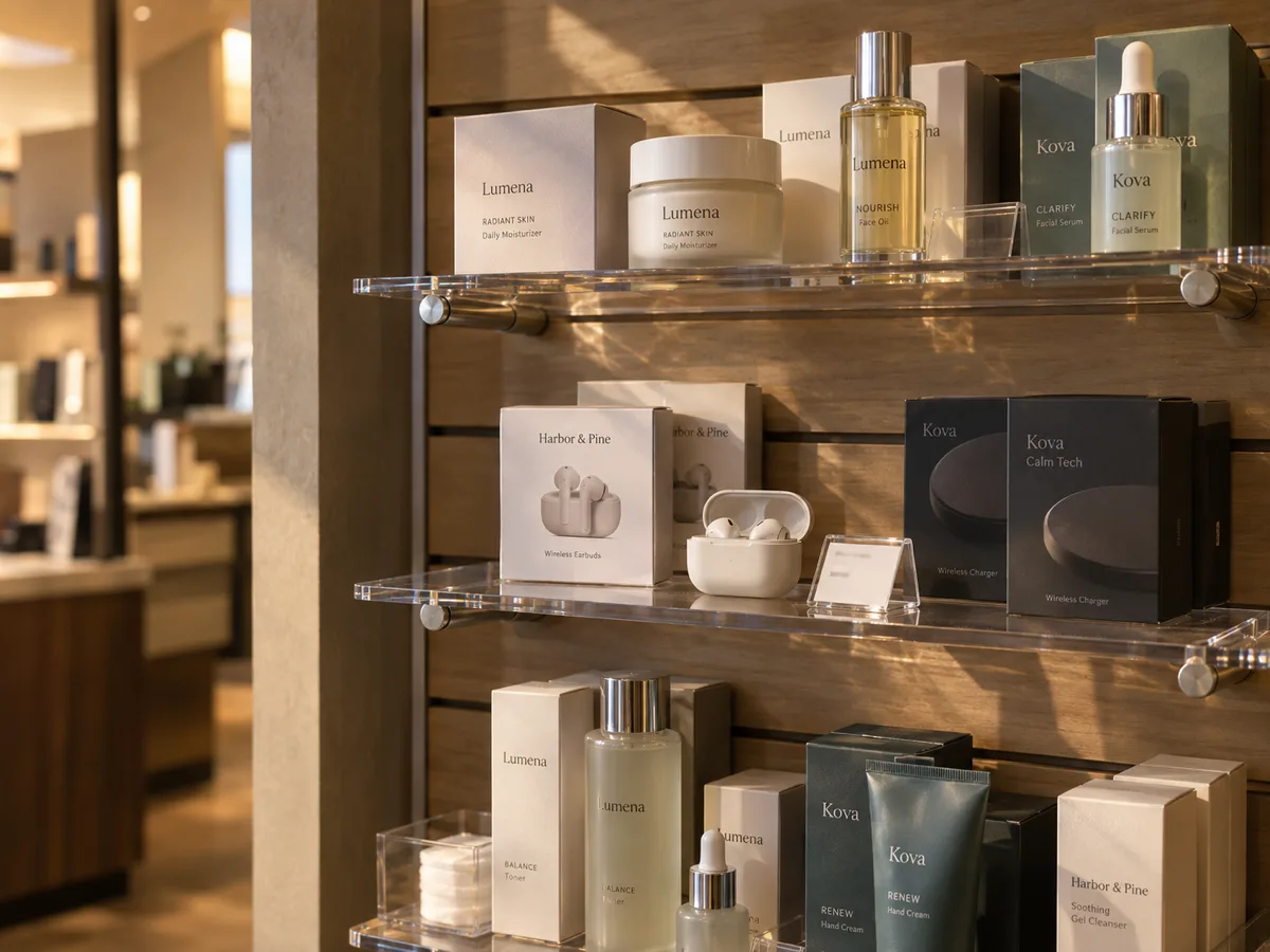 Clear acrylic retail shelves on standoffs carrying skincare and electronics boxes on a store wall