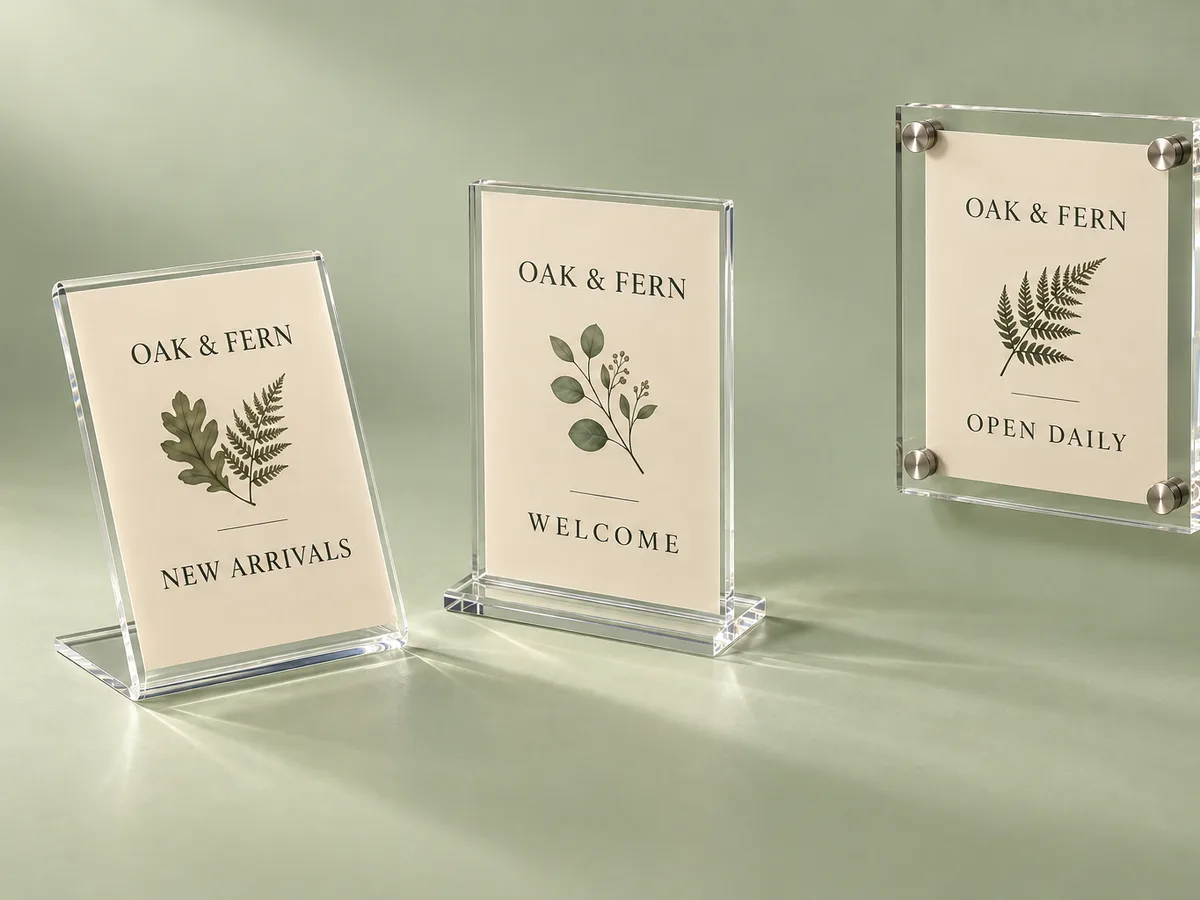 Acrylic sign holders: slant-back L-shaped, T-style stand-up and standoff wall-mount holders with printed store signs