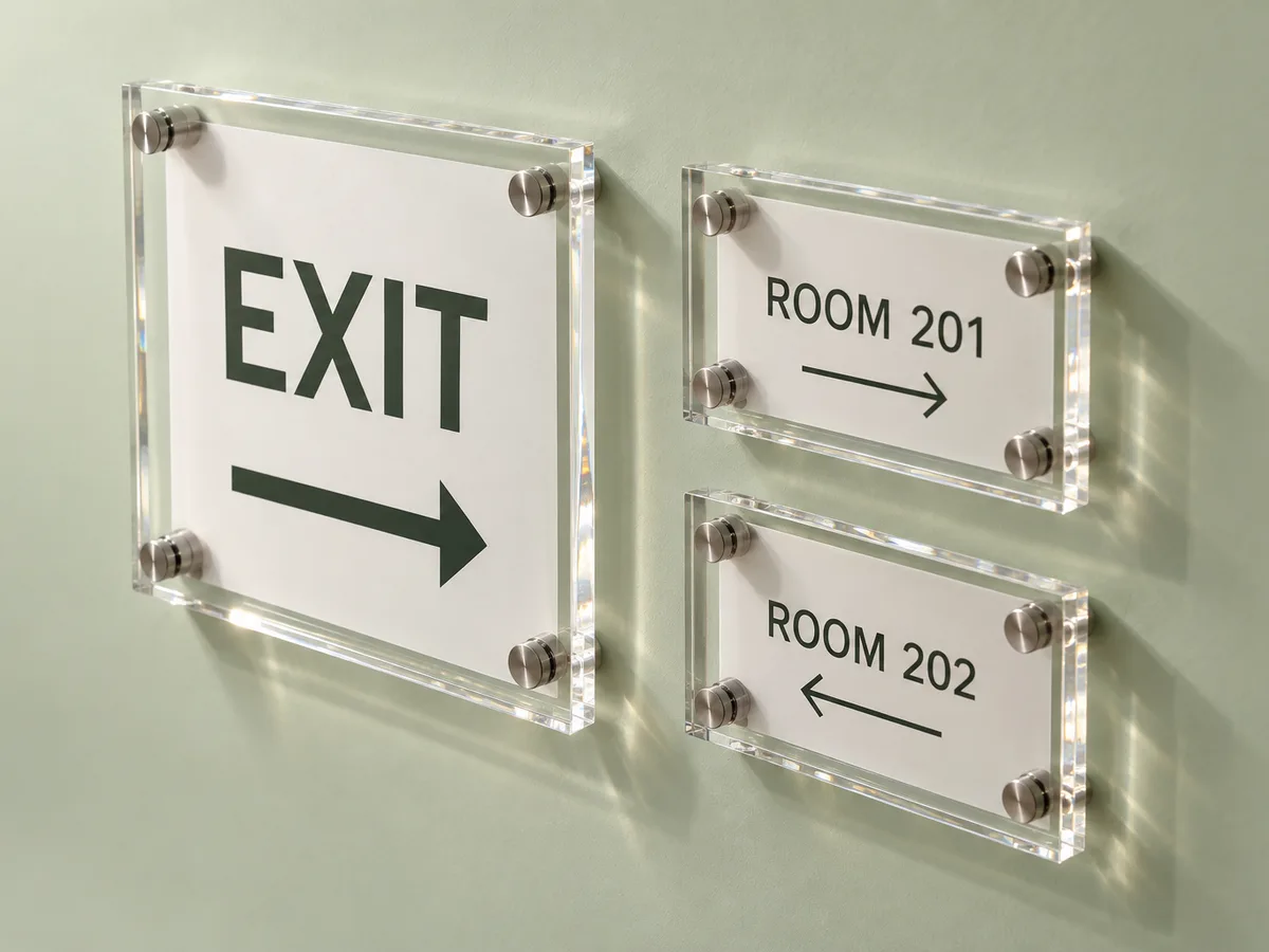 Wall sign holders in clear acrylic on brushed steel standoffs, holding an exit sign and two room number signs