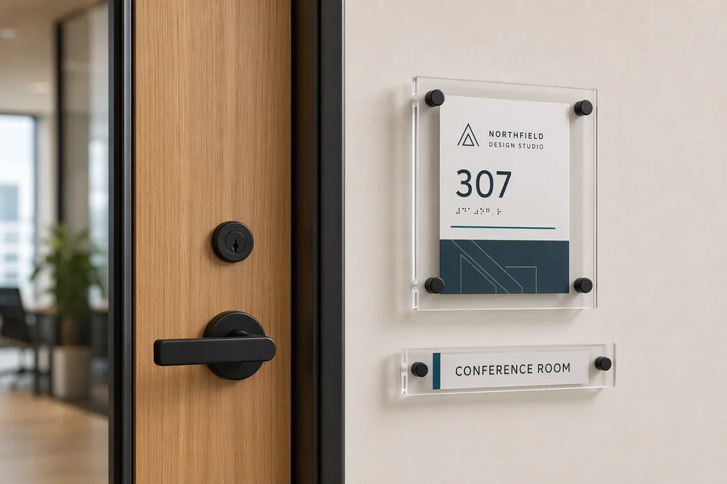 Two acrylic office door sign holders mounted beside a light oak door, combining a slim nameplate holder and a square room-sign holder with matte black hardware and removable inserts