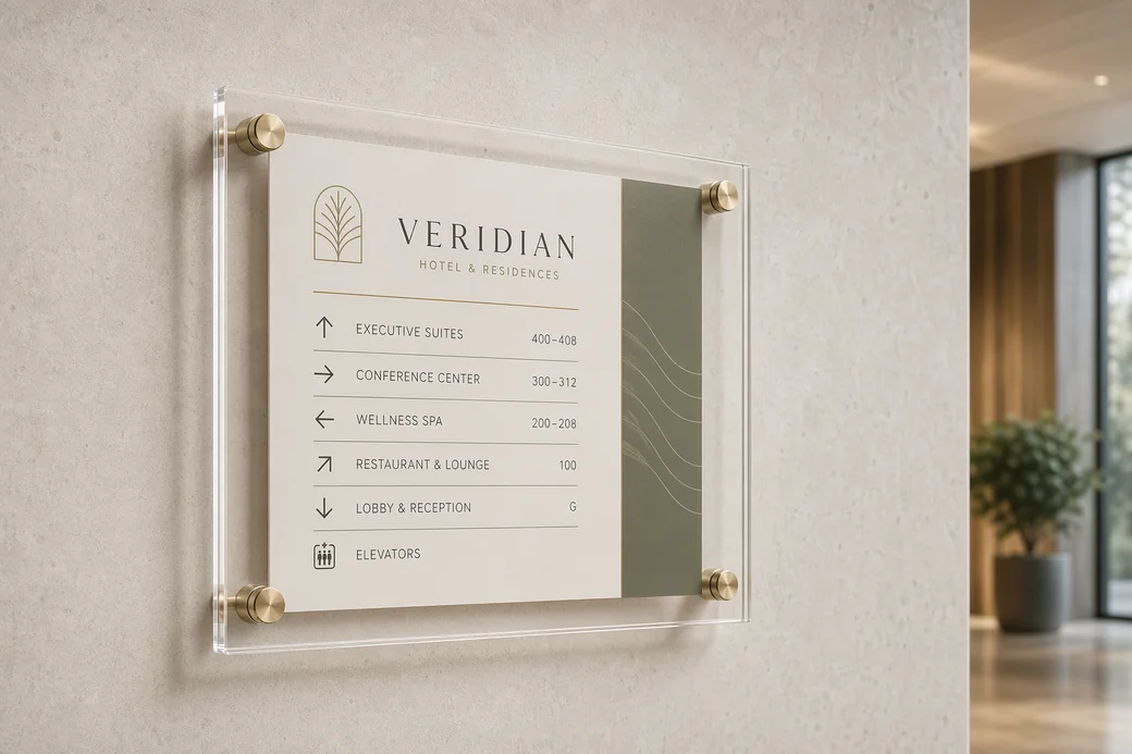 Premium acrylic directory holder with satin brass standoff pins, clear front and back panels, and a cream removable insert floating off a textured lobby wall