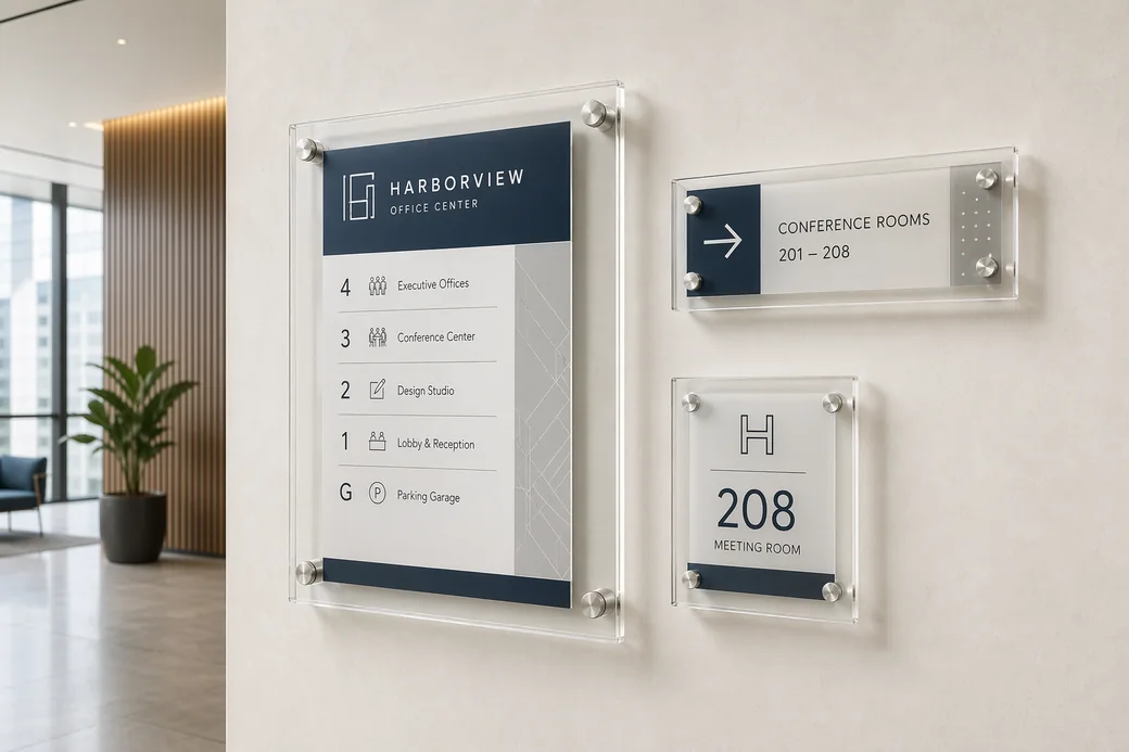 Coordinated acrylic wayfinding sign system with lobby directory, corridor signs, and room identifiers sharing the same hardware and brand language