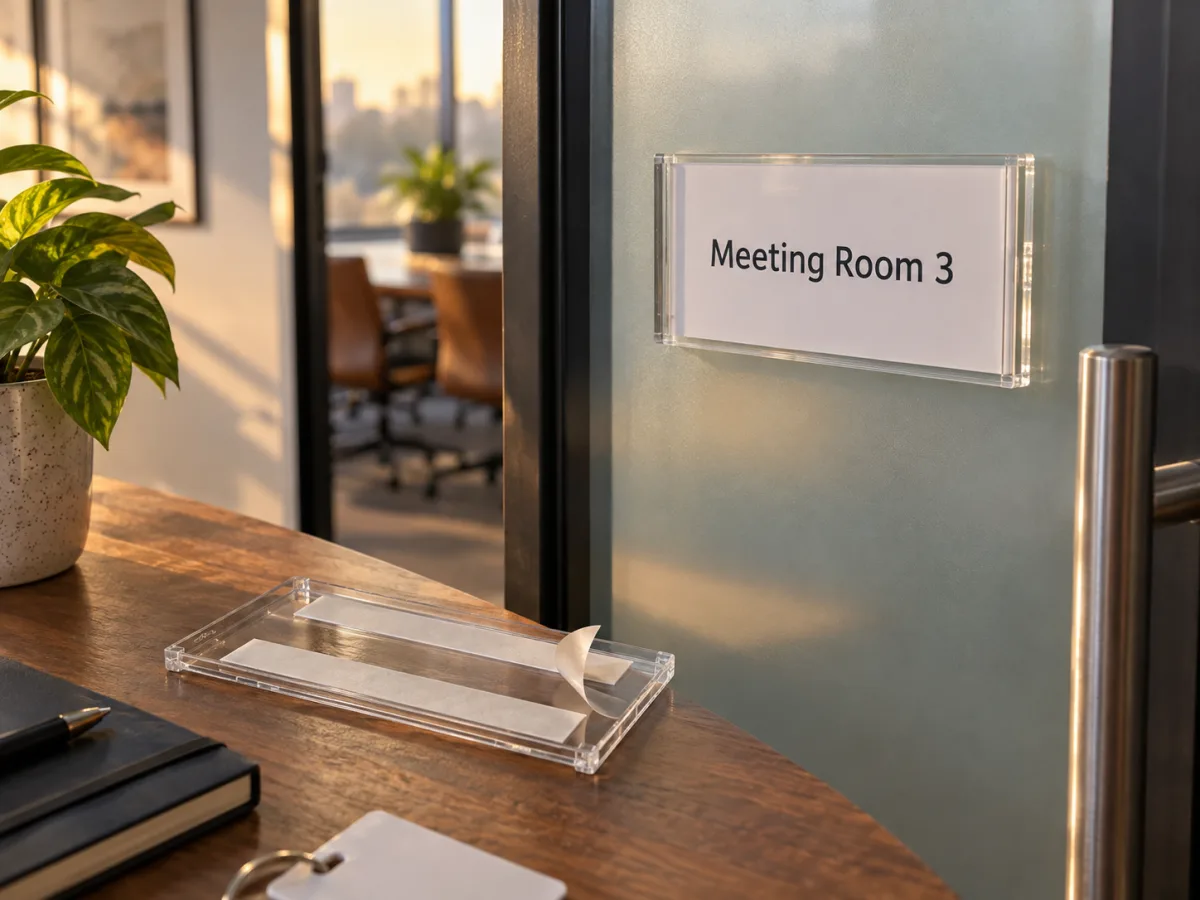 Clear acrylic adhesive sign holder with a meeting room insert on a frosted glass door, a second unit showing its foam tape