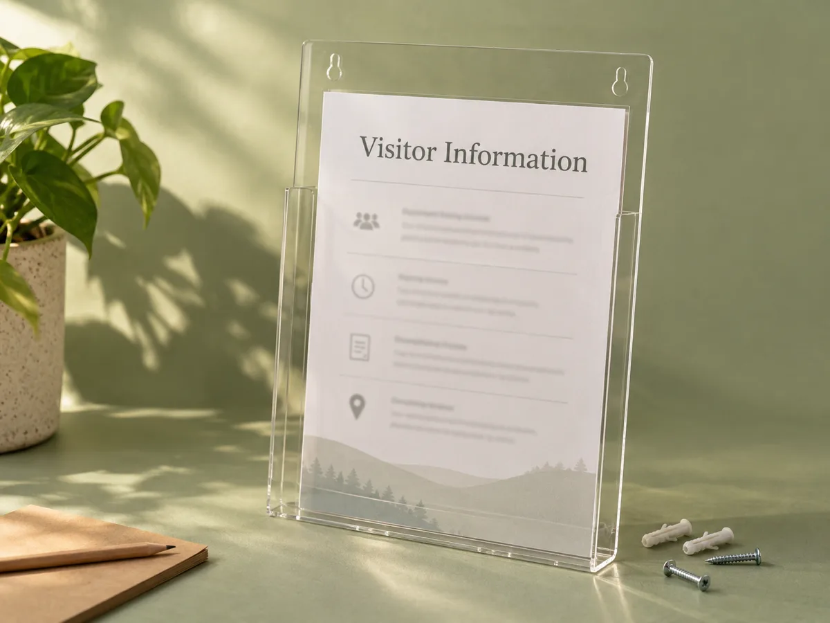 Clear acrylic A4 notice holder with two keyhole slots, wall screws and plugs beside it