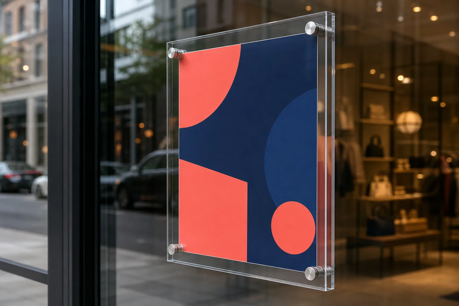 Double sided acrylic frame mounted to a storefront window with satin chrome standoffs, promotional graphic facing the street