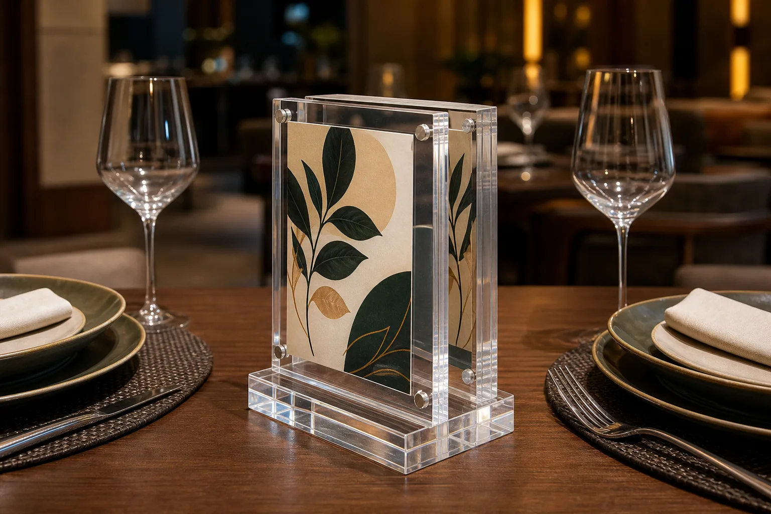 Custom double sided acrylic picture frame standing on a restaurant table with a duplex-printed menu insert readable from both sides