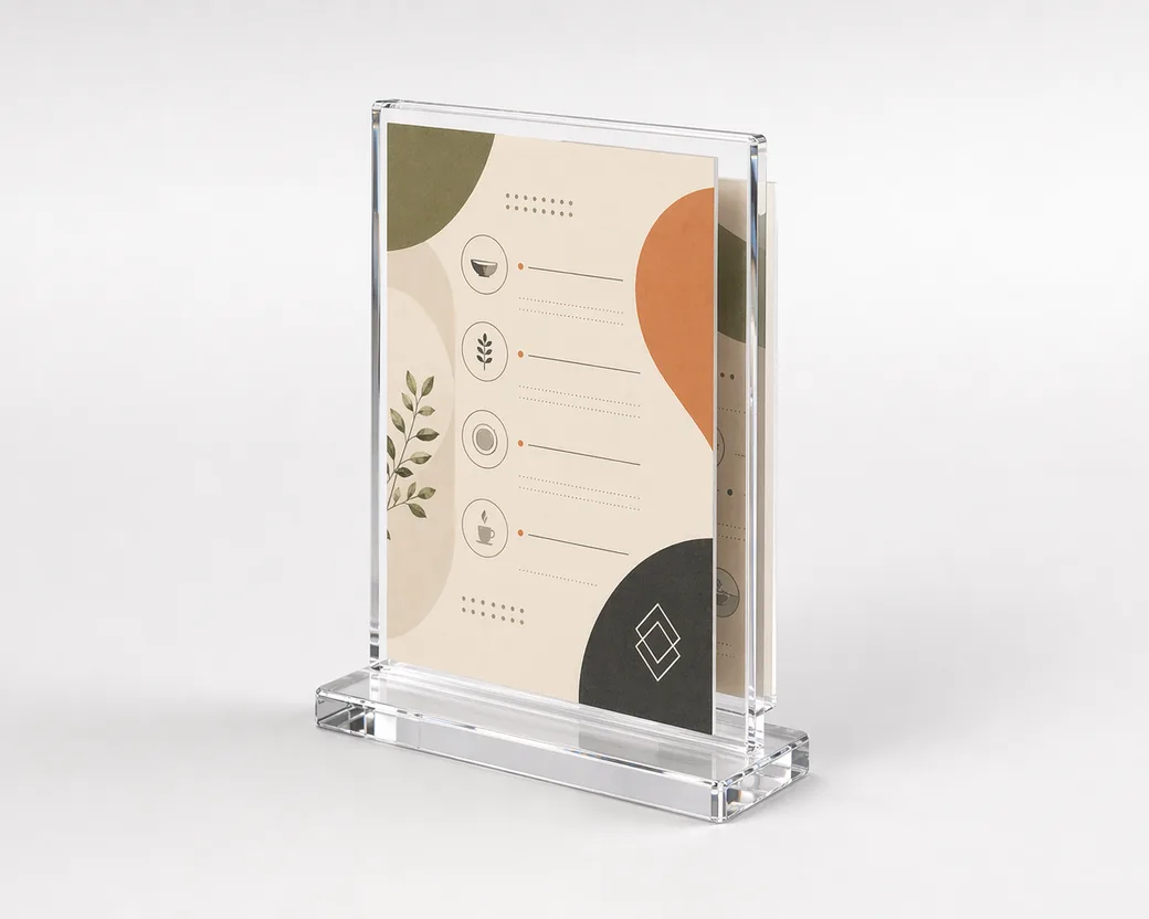 Magnetic acrylic floating frame with visible corner magnets and a branded insert standing upright in a clear base