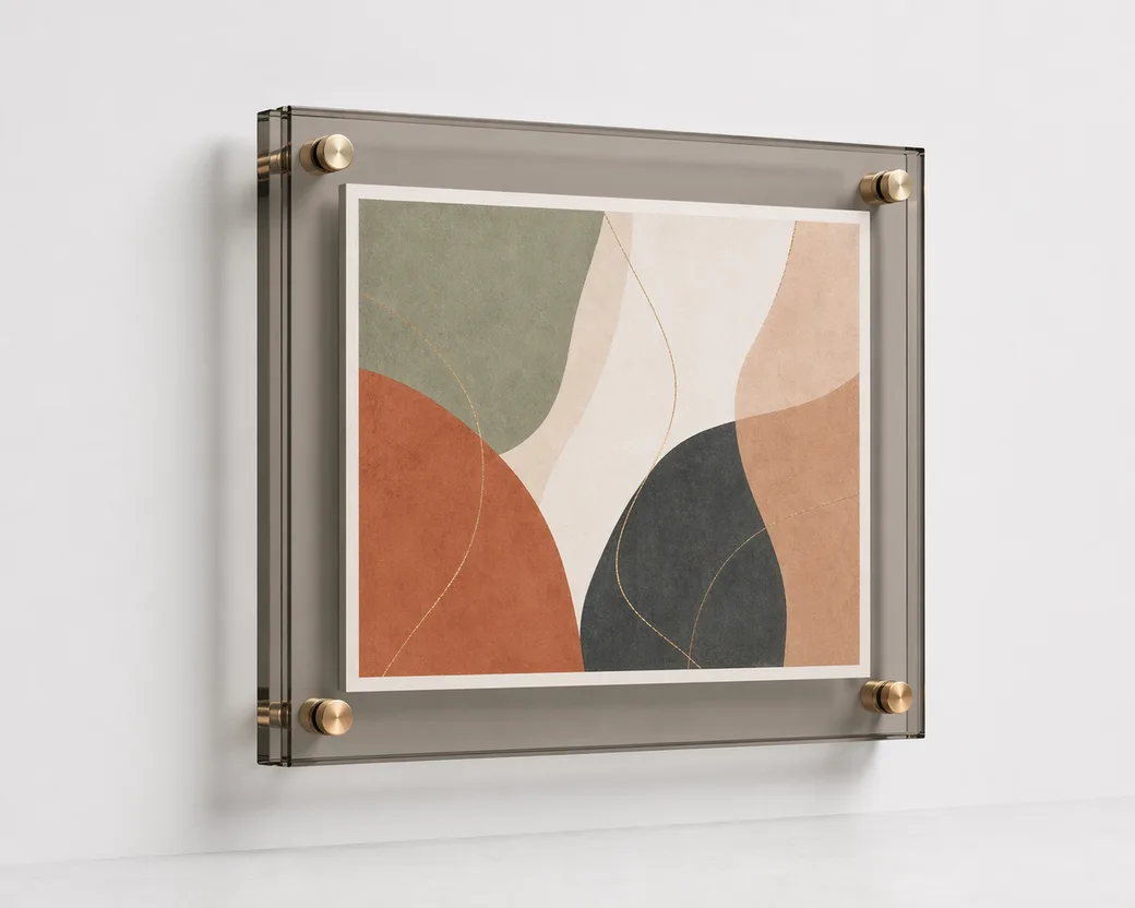 Standoff pin acrylic floating frame mounted off the wall with visible brushed brass hardware and a colored gallery-art insert