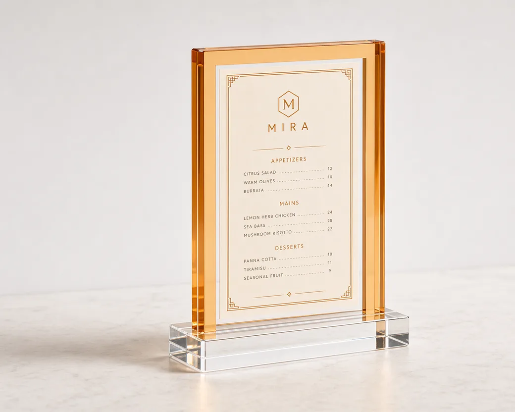 Tabletop acrylic floating frame with amber acrylic panels and a clear slotted base for menu and counter display