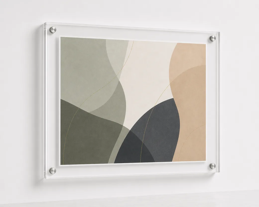 Wall-mounted acrylic floating frame with low-profile corner screw posts and a clean frameless art display