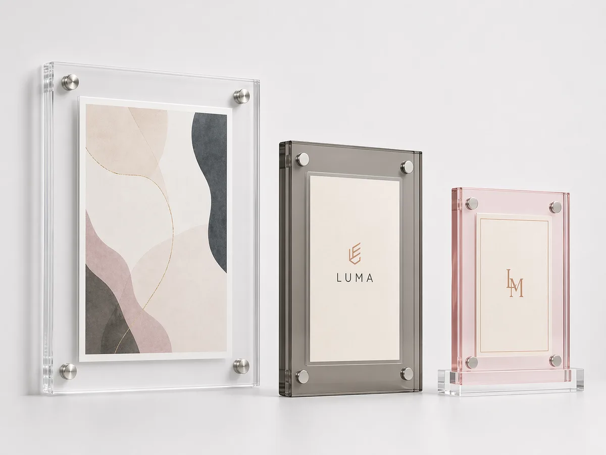 Custom acrylic floating frames in clear, smoke, and blush acrylic finishes with art, branded insert, and certificate applications
