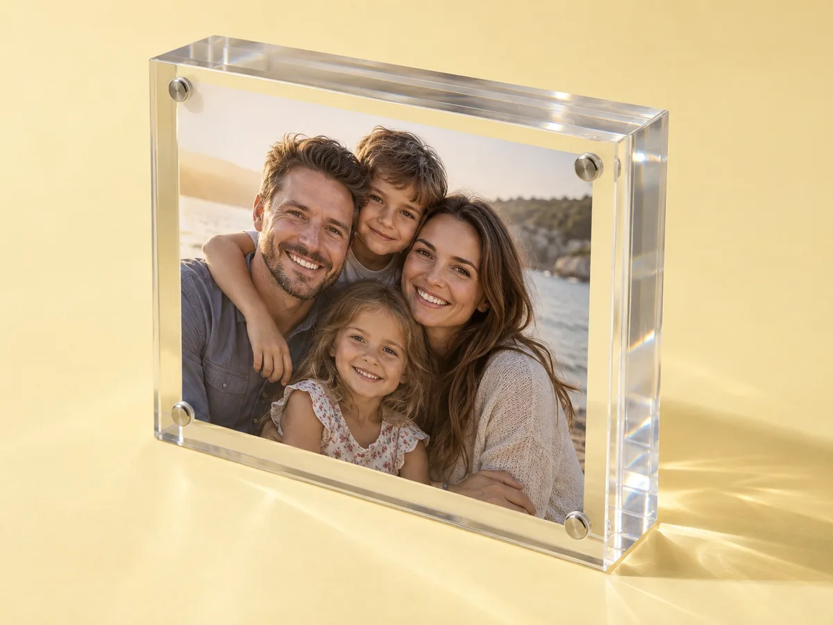 Thick acrylic magnetic block frame with a family photo