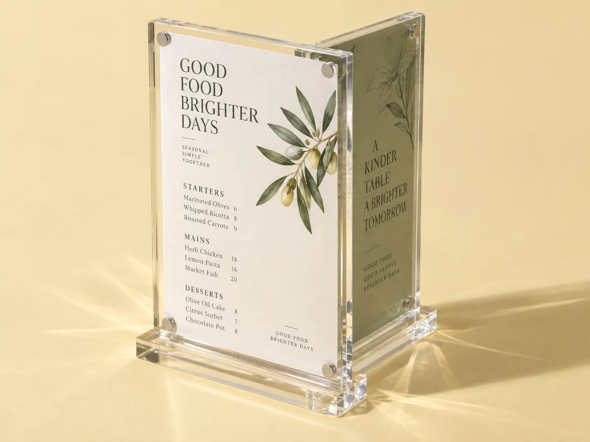 Double-sided magnetic acrylic menu frame in a slotted base