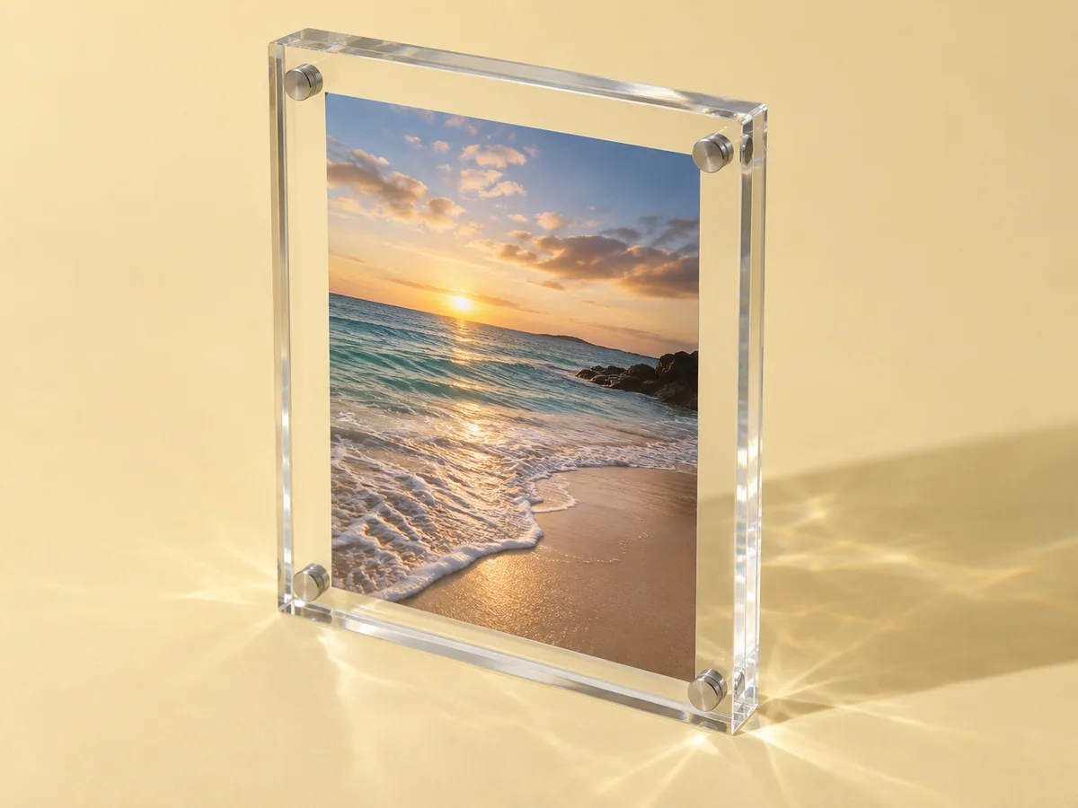 Freestanding clear magnetic photo frame with corner magnets