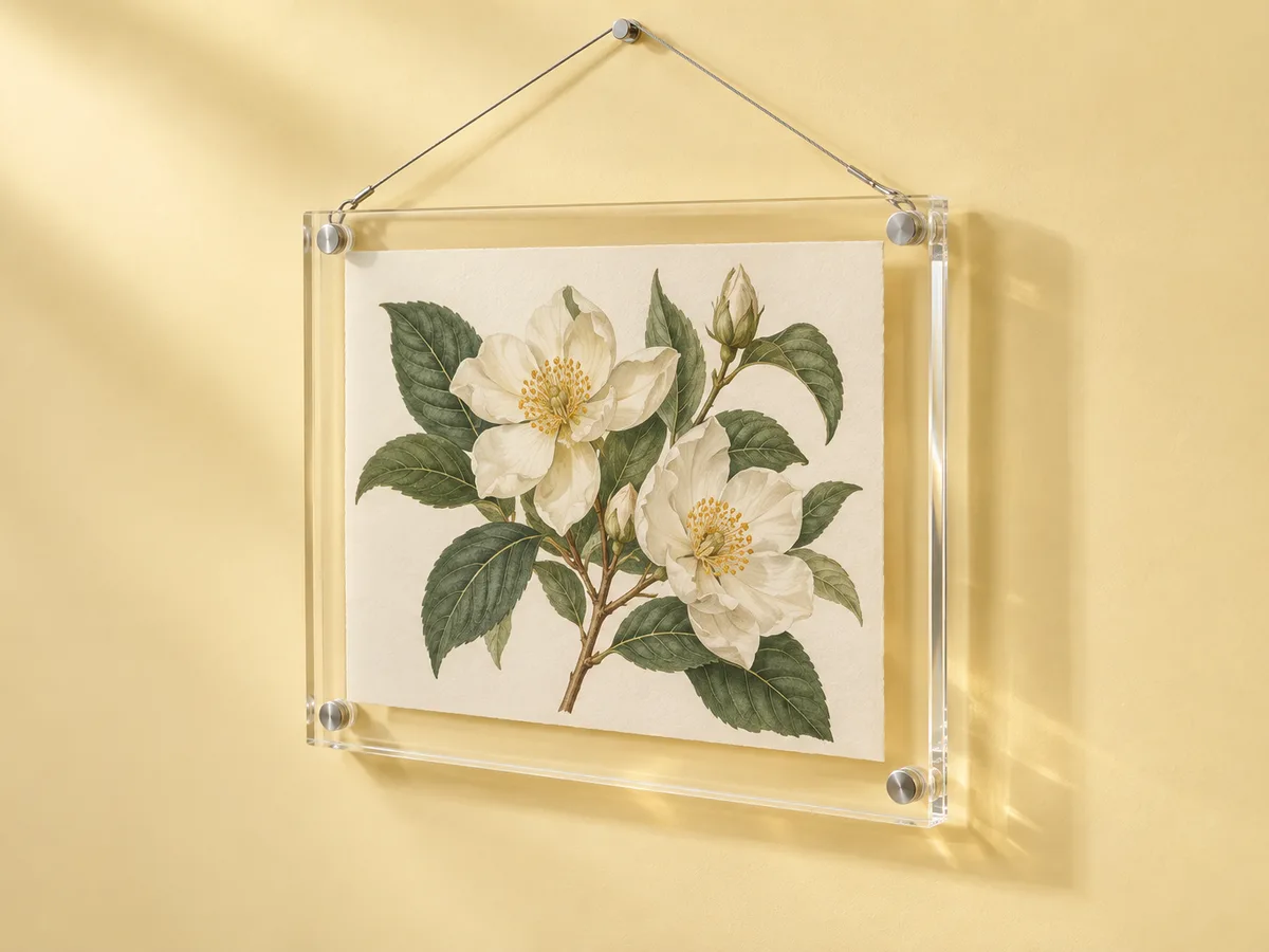 Magnetic acrylic frame hanging on a wall from a wire