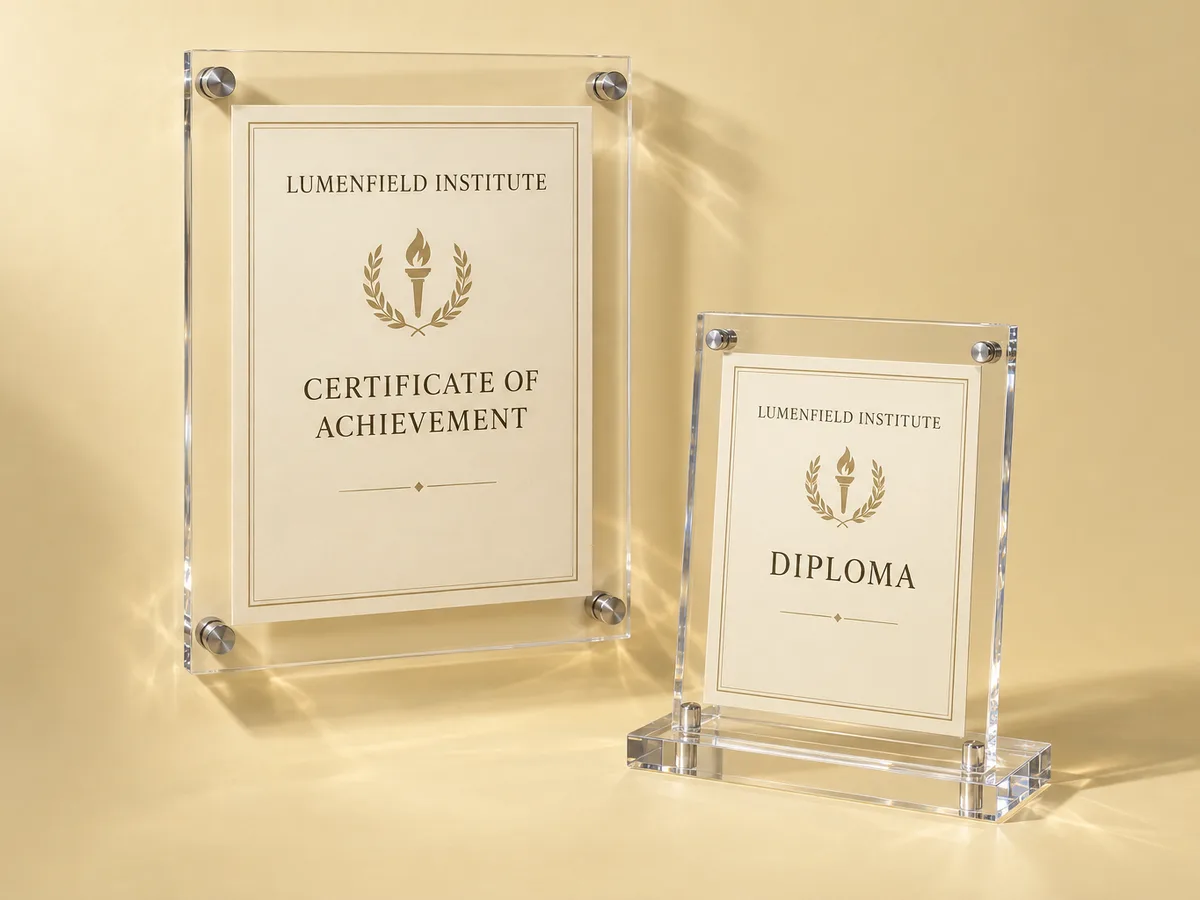 Acrylic certificate frames: a standoff wall-mount frame with a certificate and a desk frame on a base holding a diploma