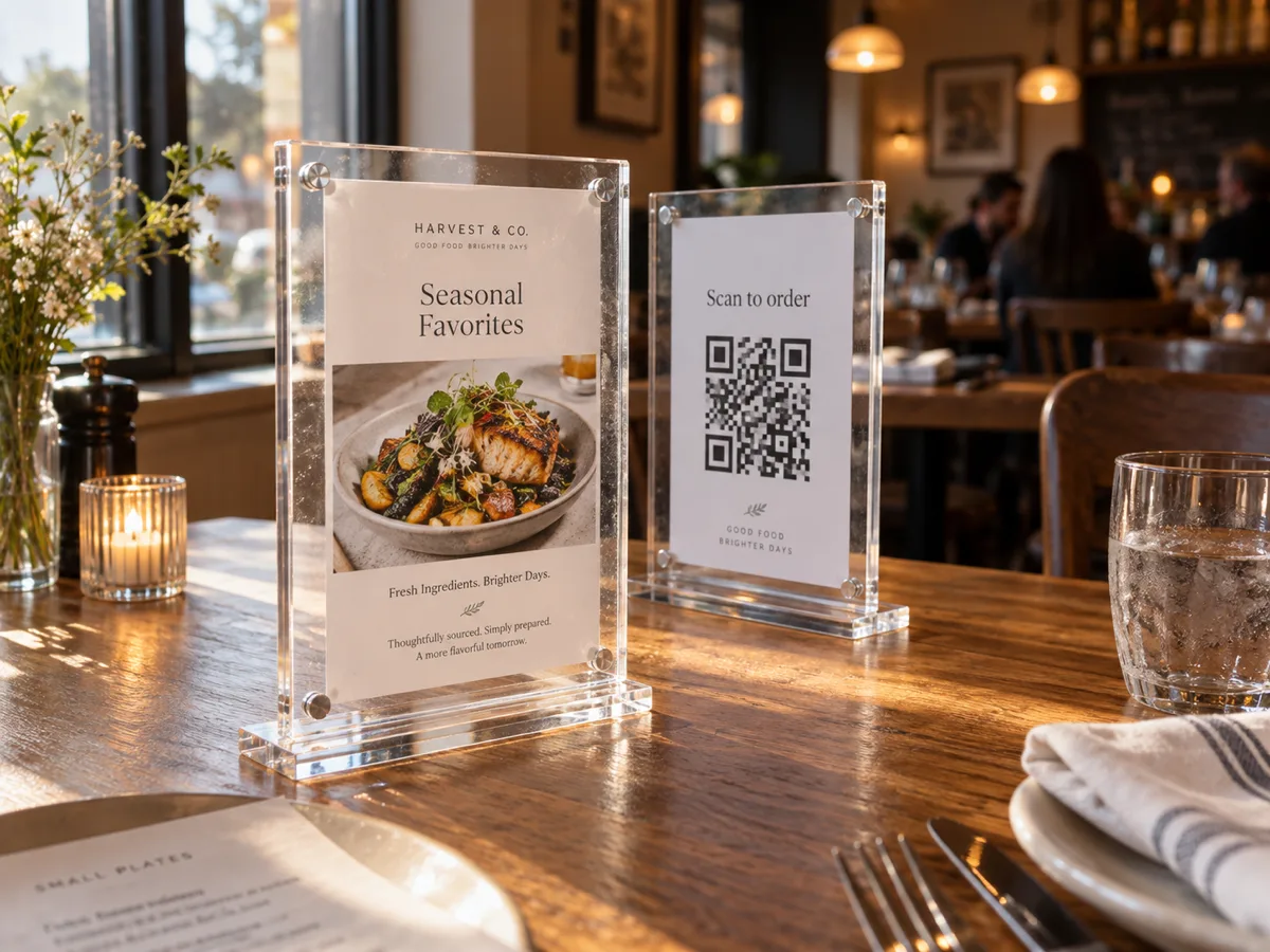 Two identical double-sided acrylic table frames in slotted bases on a restaurant table, one showing a menu card and the other turned to show a QR ordering card on its back face