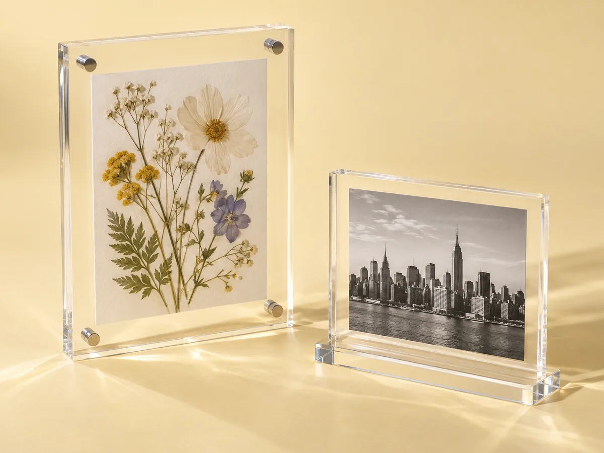 Floating acrylic frames: a standoff frame with a pressed-flower print and a freestanding frame with a city skyline photo
