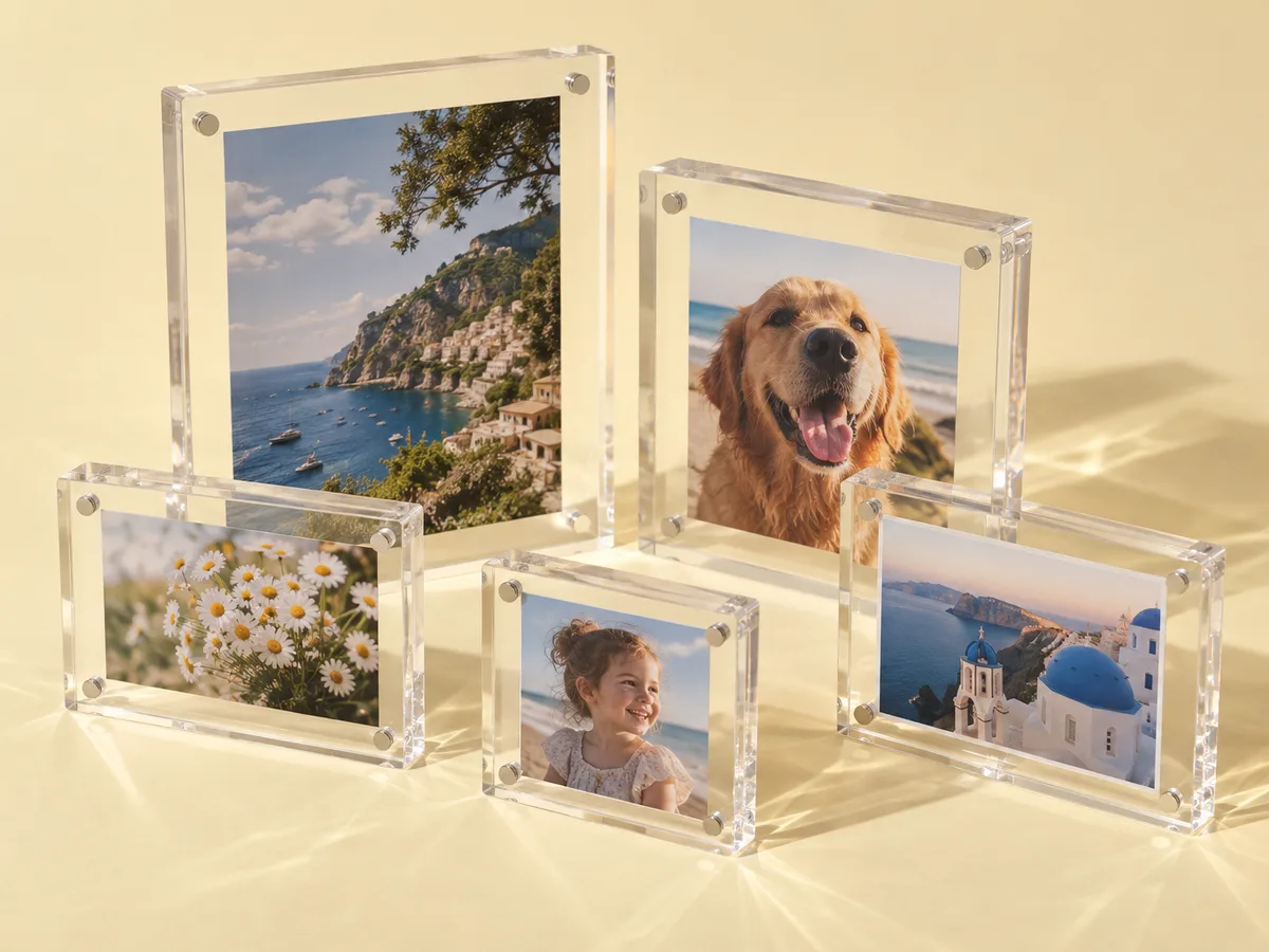 Magnetic acrylic frames in five sizes holding travel photos, a dog photo, a child portrait and a flower photo