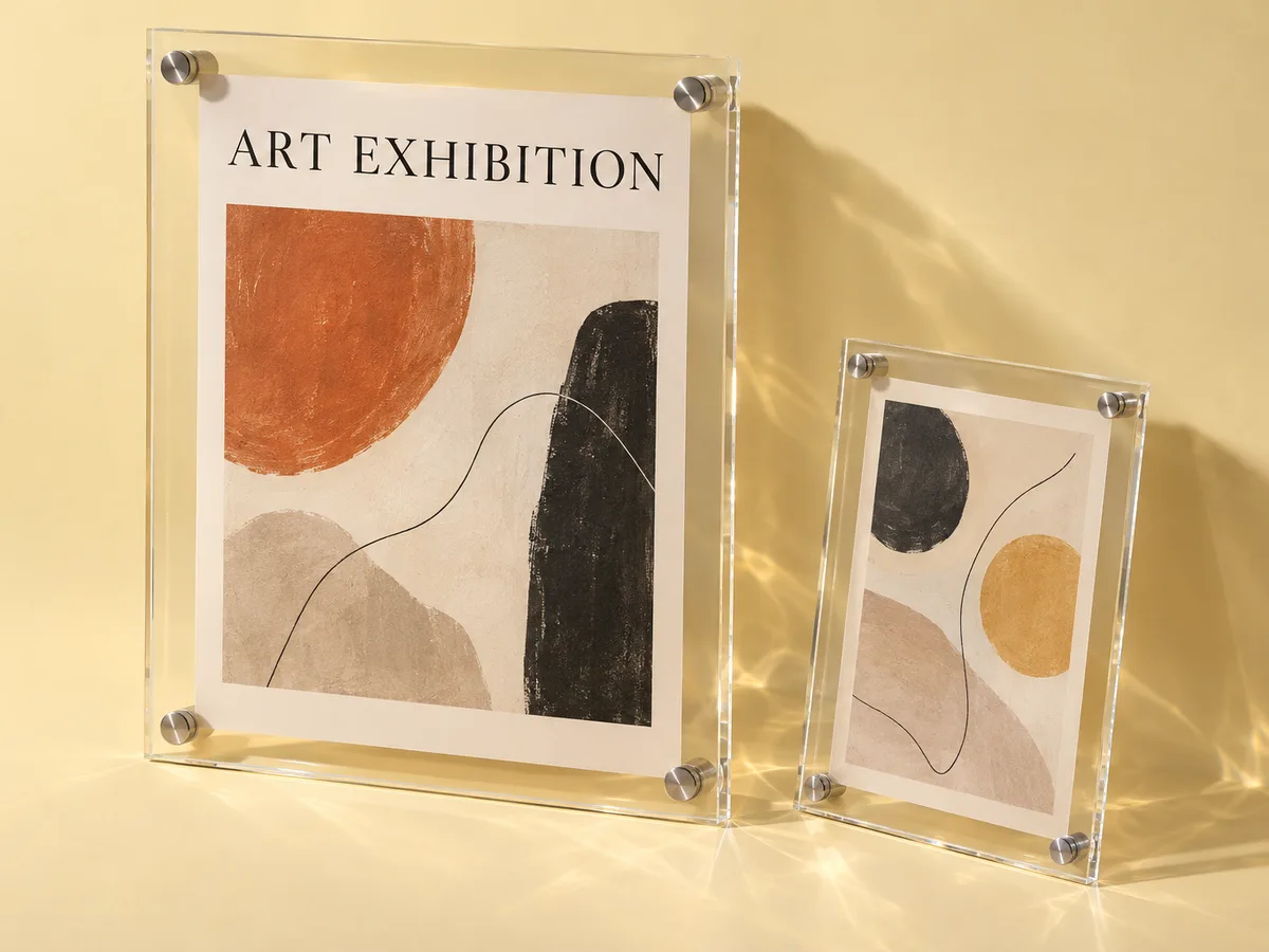 Acrylic poster frames with standoff mounts holding an art exhibition poster and a smaller abstract print