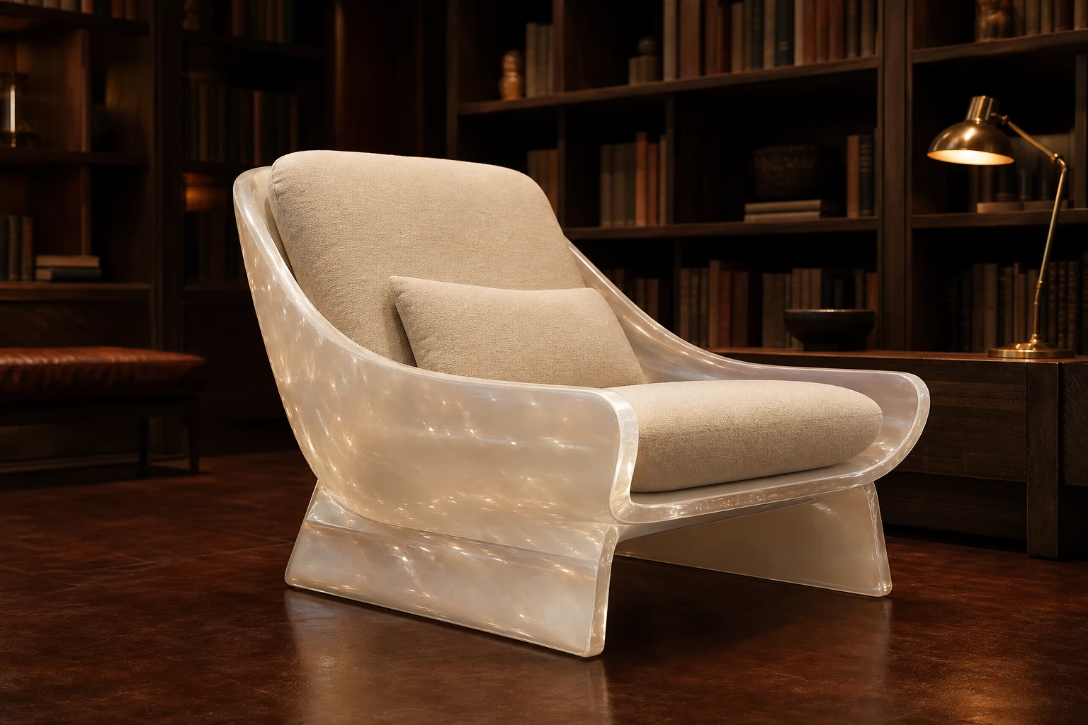 Clear cast acrylic lounge chair with a deeper recline and an off-white upholstered cushion, photographed in a hotel lobby lounge