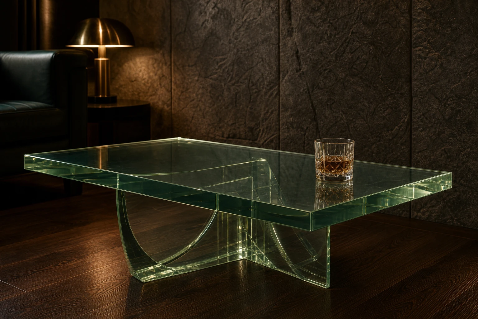 Clear cast acrylic coffee table top on a single sculptural pedestal base, photographed from a low side angle in a luxury hotel suite