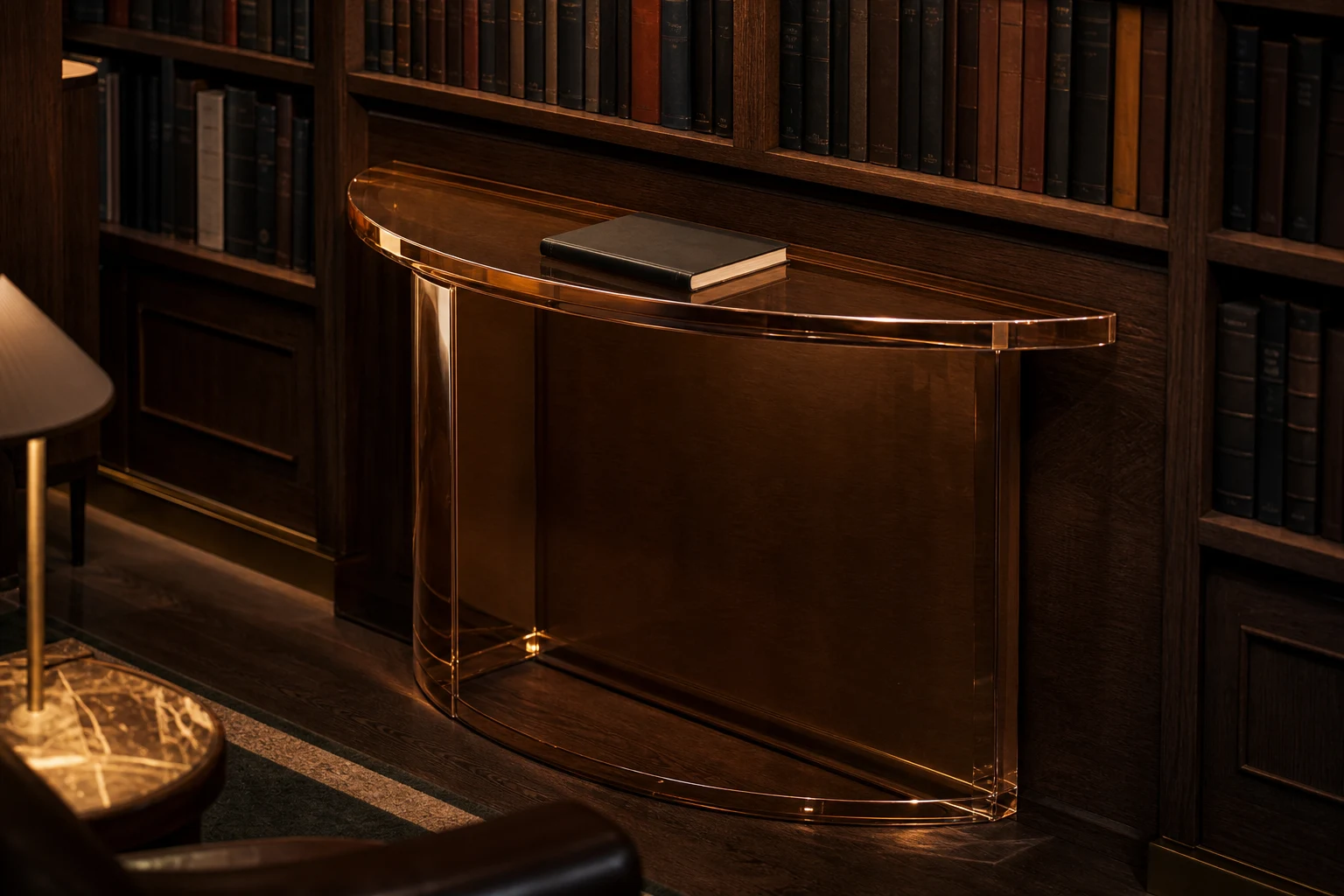 Clear cast acrylic demilune half-moon console table against a curved entry wall in a boutique hotel lobby