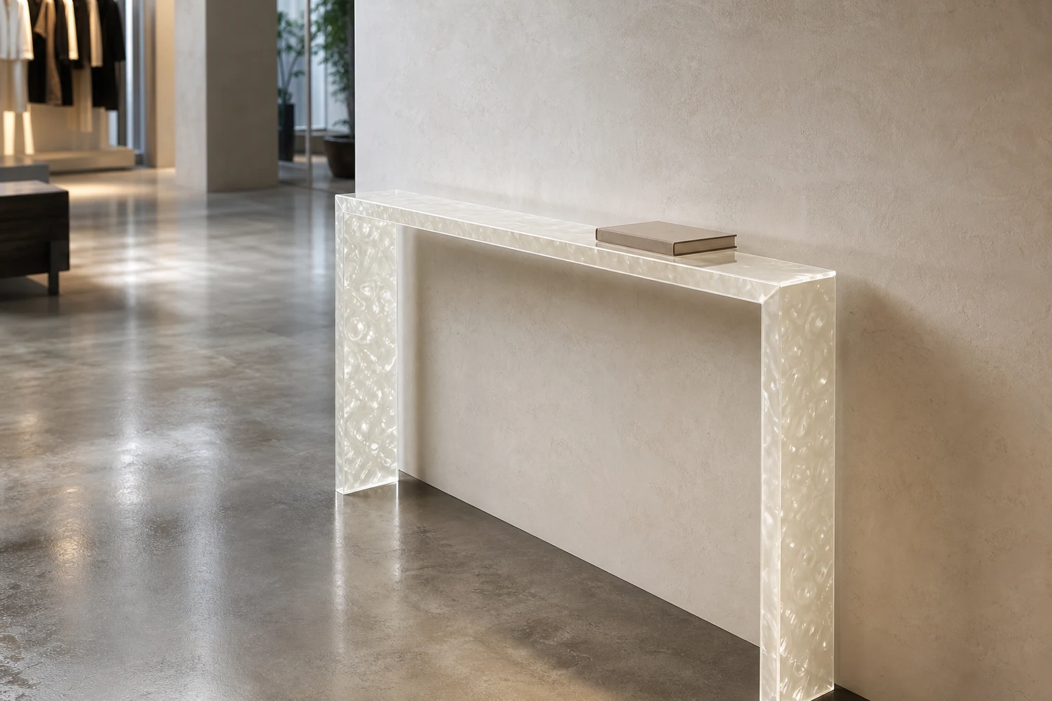 Slim 25cm-deep clear cast acrylic console table against a narrow corridor wall