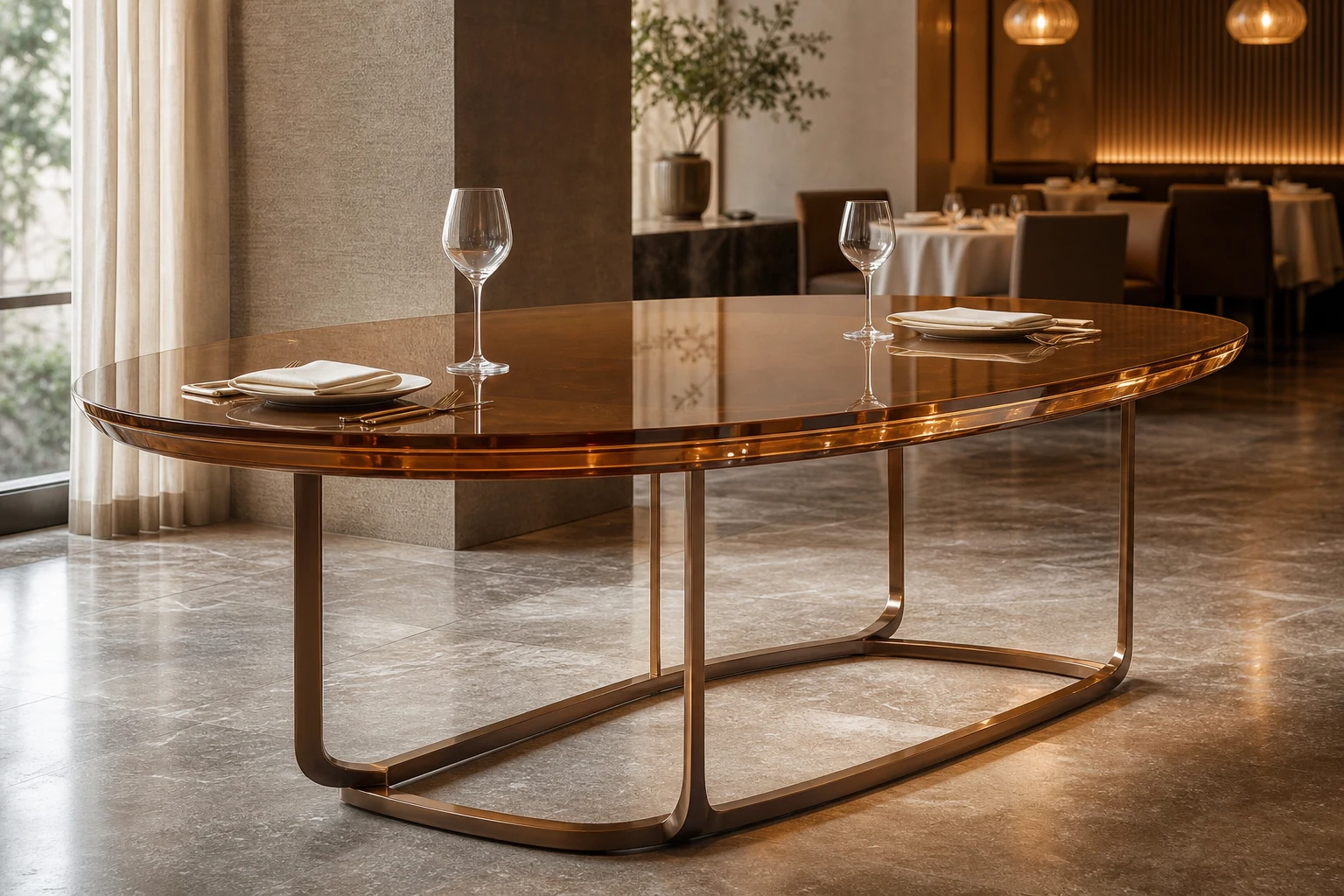 Oval clear cast acrylic dining table with diamond-polished boat-edge profile and trestle base, set for service in a boutique hotel restaurant private dining room