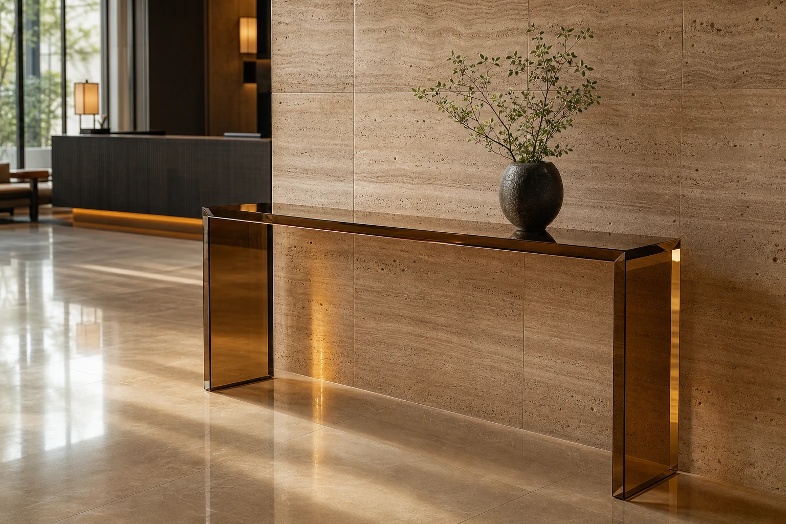 Long narrow clear acrylic console table standing against a wall in a hotel lobby corridor, with mirror-polished edges