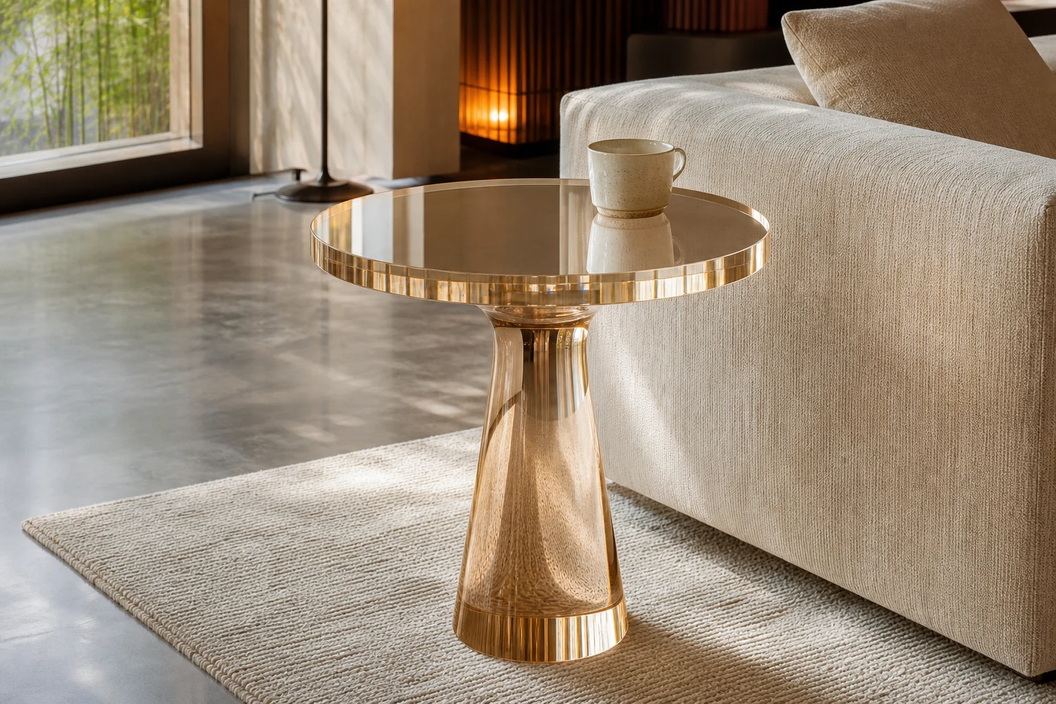 Two clear acrylic side tables nested together with crisp polished edges, photographed in a luxury retail showroom