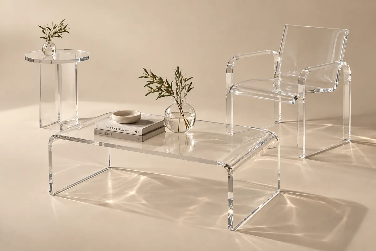 Custom clear cast acrylic furniture: a waterfall-edge coffee table, a round pedestal side table and an armchair with polished edges