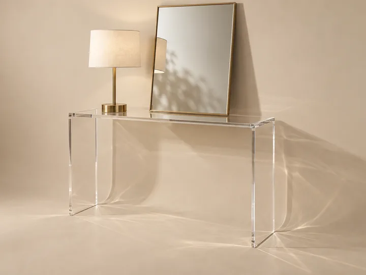 Long narrow clear acrylic console table against a lobby wall