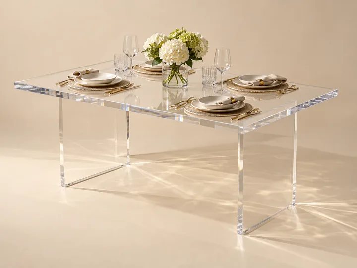 Long rectangular clear acrylic dining table set for service in a private dining room