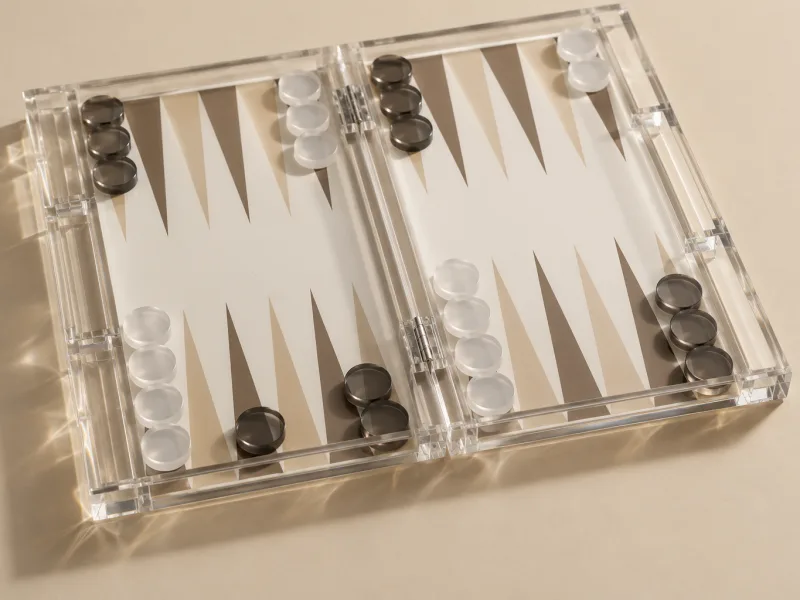 Acrylic backgammon set with printed points and frosted white and smoked checkers