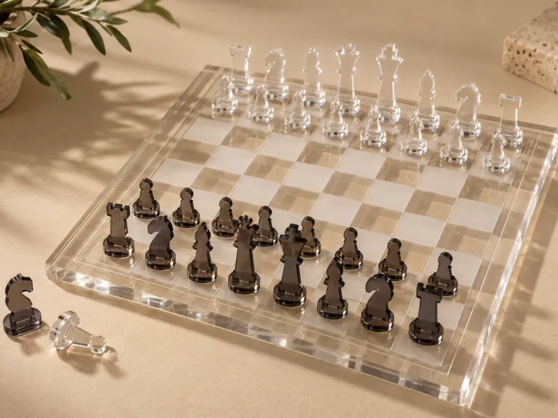 Acrylic chess set with clear and frosted squares and stacked clear and smoked acrylic pieces